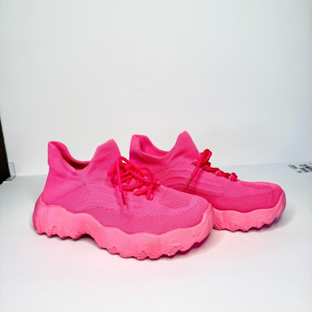 Womens Chunky Sneakers Knit Sock Top Trainers US 8 1/2 EU 39 Hot Pink Barbiecore